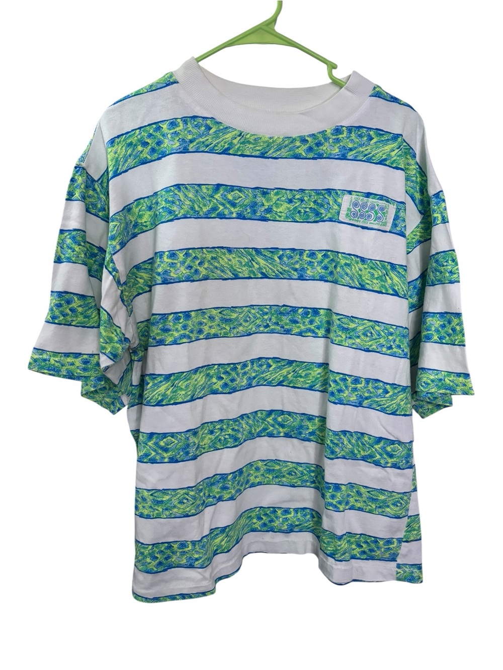 90s Vintage International Male Blue Green Striped Short Sleeve Shirt | Size L